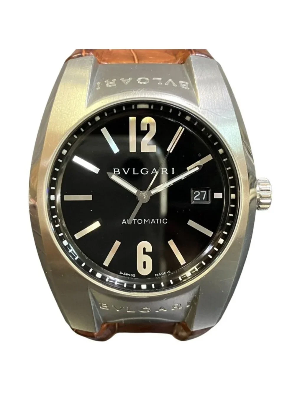 Bvlgari Ergon Watch SS Leather Automatic Winding Black Dial